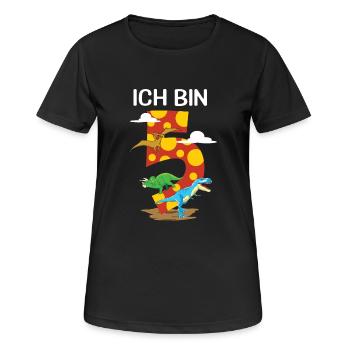 5. Kinder Geburtstags Shirt mit Dinos Dinosaurier - Frauen T-Shirt atmungsaktiv - Schwarz - Vorne - AI Model Female 172 light (172cm)
