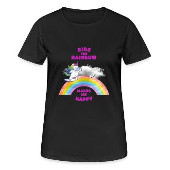 Unicorn surfing on a rainbow. - Women's Breathable T-Shirt - black - Front - AI Model Female 172 light (172cm)