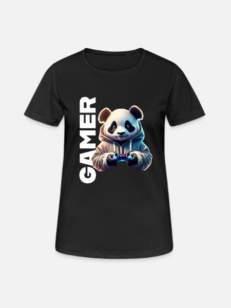 Gamer Schriftzug mit coolem Panda - Frauen T-Shirt atmungsaktiv - Schwarz