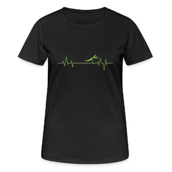 Gottesanbeterin auf einer Herzschlaglinie - Frauen T-Shirt atmungsaktiv - Schwarz - Vorne - AI Model Female 172 light (172cm)