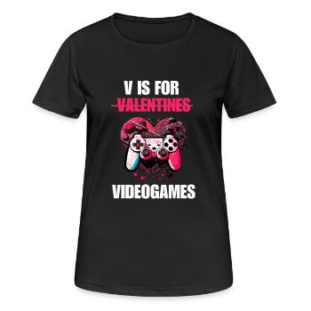 V Is For Video Games - Lustiger Valentinstag Gamer - Frauen T-Shirt atmungsaktiv - Schwarz - Vorne - AI Model Female 172 light (172cm)