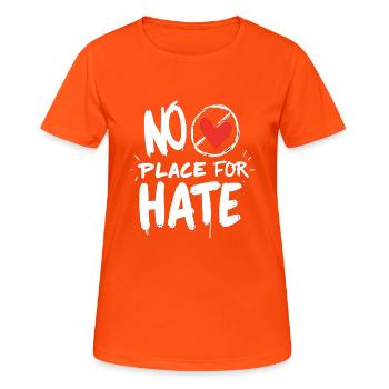 No Place for Hate Friedensbotschaft gegen Hass - Frauen T-Shirt atmungsaktiv - Neonorange - Vorne - AI Model Female 172 dark (172cm)