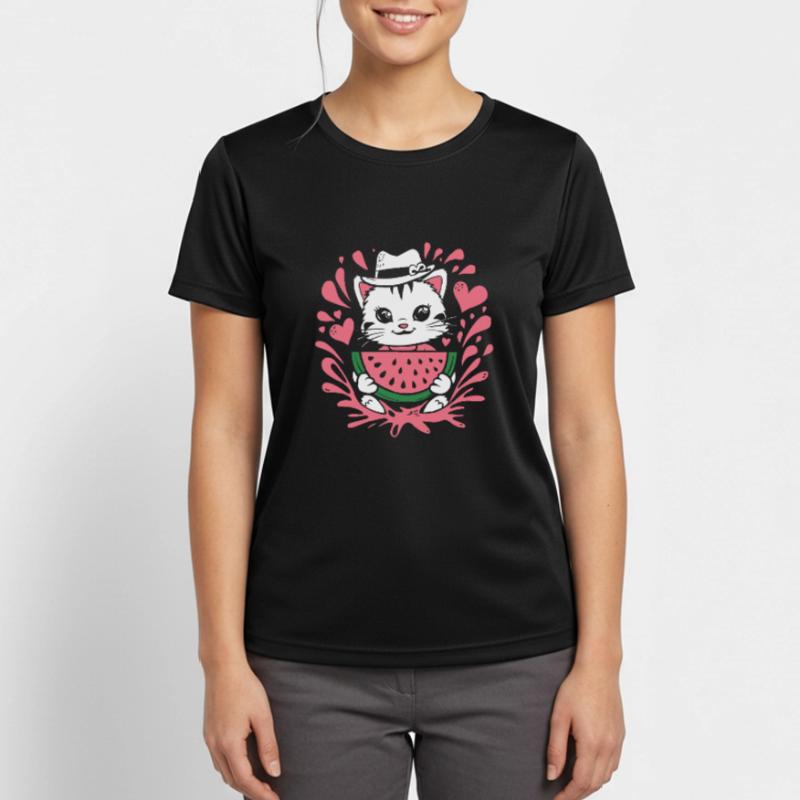 Chaton mignon avec des éclaboussures de pastèque et de cœur T-shirt respirant Femme