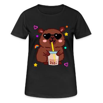 Kawaii Wasserschwein mit Bubble Tea Sonnenbrille - Frauen T-Shirt atmungsaktiv - Schwarz - Vorne - AI Model Female 172 light (172cm)