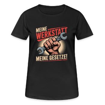 Meine Werkstatt Meine Gesetze - Frauen T-Shirt atmungsaktiv - Schwarz - Vorne - AI Model Female 172 light (172cm)