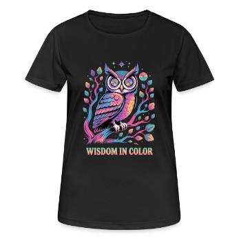 Lebendige Eulenweisheit in der Farbgestaltung - Frauen T-Shirt atmungsaktiv - Schwarz - Vorne - AI Model Female 172 light (172cm)