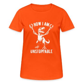 T-Rex - Now I am unstoppable - Geschenk - Frauen T-Shirt atmungsaktiv - Neonorange - Vorne - AI Model Female 172 dark (172cm)