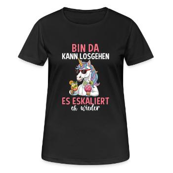 Bin Da Kann Losgehen Es Eskaliert Eh Wieder - Frauen T-Shirt atmungsaktiv - Schwarz - Vorne - AI Model Female 172 light (172cm)
