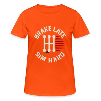 Sim Racing Simulator Cockpit Esports Racer - Frauen T-Shirt atmungsaktiv - Neonorange - Vorne - AI Model Female 172 dark (172cm)