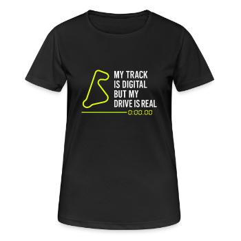 Sim Racing Simulator Cockpit Esports Racer - Frauen T-Shirt atmungsaktiv - Schwarz - Vorne - AI Model Female 172 light (172cm)