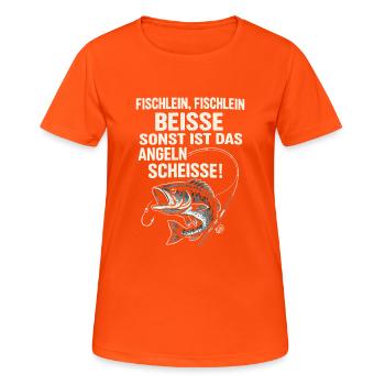 Fischlein beiße – Witziger Angler Reim - Frauen T-Shirt atmungsaktiv - Neonorange - Vorne - AI Model Female 172 dark (172cm)