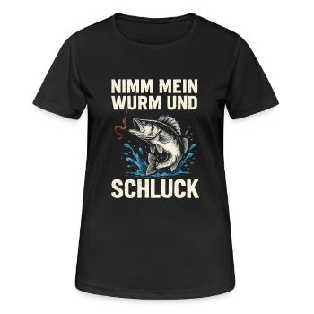 Nimm mein Wurm – Freches Angelmotiv - Frauen T-Shirt atmungsaktiv - Schwarz - Vorne - AI Model Female 172 light (172cm)