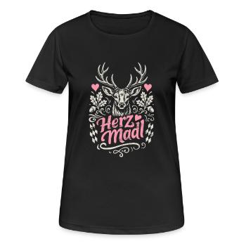 Hirsch - Herzmadl - Festzelt, Bier und Gaudi - Frauen T-Shirt atmungsaktiv - Schwarz - Vorne - AI Model Female 172 light (172cm)