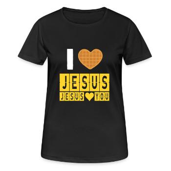 I Love Waffles and Jesus Funny Faith Saying - Women's Breathable T-Shirt - black - Front - AI Model Female 172 light (172cm)