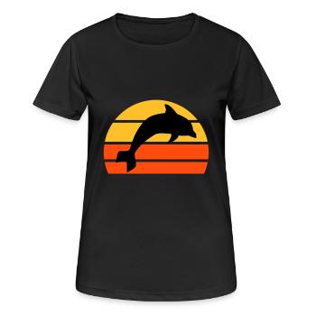 Springender Delphin vor einer geteilten Halbsonne - Frauen T-Shirt atmungsaktiv - Schwarz - Vorne - AI Model Female 172 light (172cm)