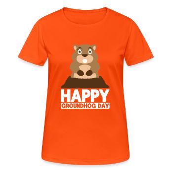 Glückliches Groundhog Day Woodchuck auf einer Loch-Prognose - Frauen T-Shirt atmungsaktiv - Neonorange - Vorne - AI Model Female 172 dark (172cm)