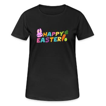 Fröhliche Ostern mit Ei-Karotte u. Häschen Pascha - Frauen T-Shirt atmungsaktiv - Schwarz - Vorne - AI Model Female 172 light (172cm)