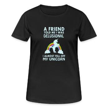 Mein Freund sagt ich bin wahnsinnig Einhorn lustig - Frauen T-Shirt atmungsaktiv - Schwarz - Vorne - AI Model Female 172 light (172cm)