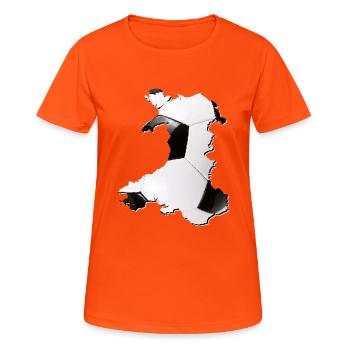 Wales Landkarte umrahmt echten Fußball - Frauen T-Shirt atmungsaktiv - Neonorange - Vorne - AI Model Female 172 dark (172cm)