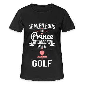 Je m'en fous du prince charmant - J'ai le golf - T-shirt respirant Femme - noir - Devant - AI Model Female 172 light (172cm)