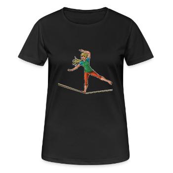 Weiblicher Slackliner - Slackline Liebhaber - Frauen T-Shirt atmungsaktiv - Schwarz - Vorne - AI Model Female 172 light (172cm)