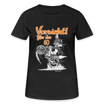 Bikerdesign Biker über 60 Vorsicht - RAHMENLOS® - Frauen T-Shirt atmungsaktiv - Schwarz - Vorne - AI Model Female 172 light (172cm)