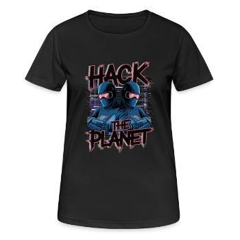 Retro Cyber Hackers – Hack The Planet Glitch Art - Frauen T-Shirt atmungsaktiv - Schwarz - Vorne - AI Model Female 172 light (172cm)