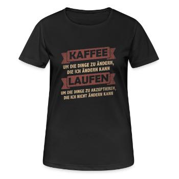 Kaffee Sprüche > Kaffee trinken + Laufen - Frauen T-Shirt atmungsaktiv - Schwarz - Vorne - AI Model Female 172 light (172cm)