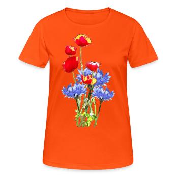 Kornblume Mohn-Collage- - Frauen T-Shirt atmungsaktiv - Neonorange - Vorne - AI Model Female 172 dark (172cm)