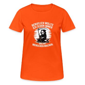 Professionally something with people – Black humor - Women's Breathable T-Shirt - neon orange - Front - AI Model Female 172 dark (172cm)