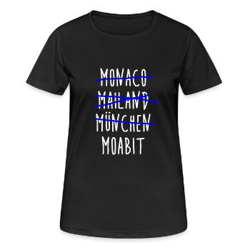 Moabit - Berlin - Deutschland - Bezirk - Frauen T-Shirt atmungsaktiv - Schwarz - Vorne - AI Model Female 172 light (172cm)