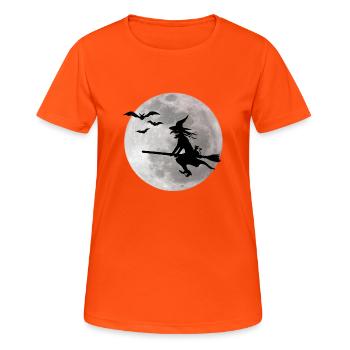 Halloween sorcière avec un chat vole sur le ciel - T-shirt respirant Femme - orange néon - Devant - AI Model Female 172 dark (172cm)
