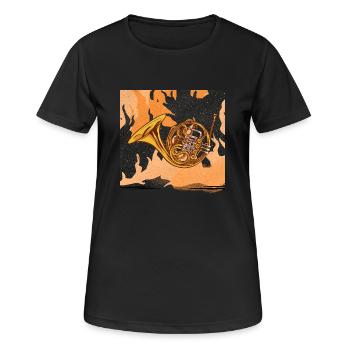 A French horn in flames. - Women's Breathable T-Shirt - black - Front - AI Model Female 172 light (172cm)