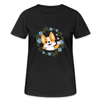 Agitant un chien Corgi heureux dans une couronne de fleurs - T-shirt respirant Femme - noir - Devant - AI Model Female 172 light (172cm)