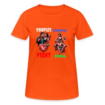 Les couples se disputent, les célibataires se détendent – Pas de stress, juste du plaisir - T-shirt respirant Femme - orange néon - Devant - AI Model Female 172 dark (172cm)