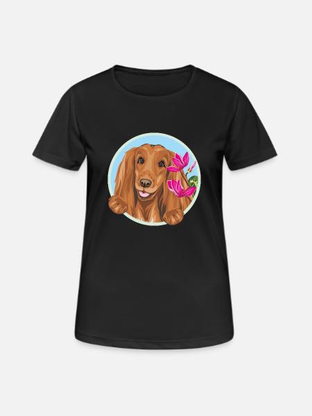 Peeking happy Cocker Spaniel dog with pink flowers - Women's Breathable T-Shirt - black