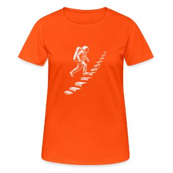 Astronaut auf der Treppe Weltraum-Style - Frauen T-Shirt atmungsaktiv - Neonorange - Vorne - AI Model Female 172 dark (172cm)