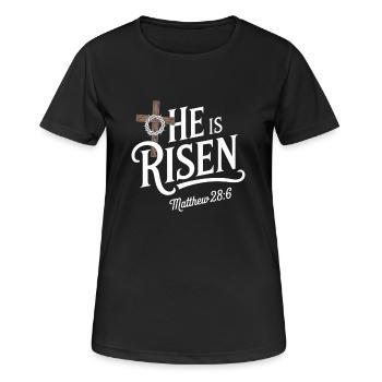 Er Erstand Auf Christian Glauben Matthew 28:6 - Frauen T-Shirt atmungsaktiv - Schwarz - Vorne - AI Model Female 172 light (172cm)