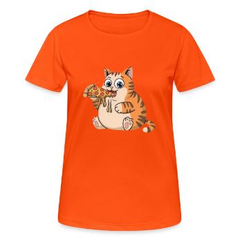 Funny Chubby Cat Eating Pizza Fast Food - Women's Breathable T-Shirt - neon orange - Front - AI Model Female 172 dark (172cm)