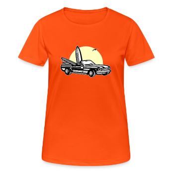 Muscle car in sunset 01_dreifarbig - Women's Breathable T-Shirt - neon orange - Front - AI Model Female 172 dark (172cm)