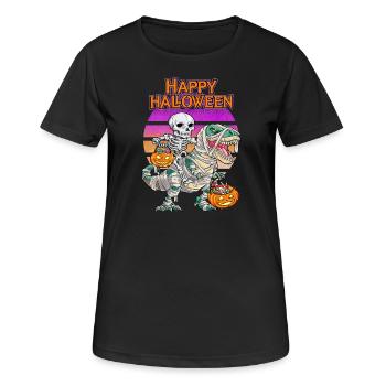 Skelett und T-Rex-Dinosaurier als Mumien verkleidet - Frauen T-Shirt atmungsaktiv - Schwarz - Vorne - AI Model Female 172 light (172cm)