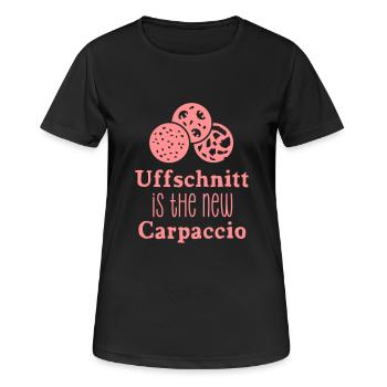 Pfalz - Uffschnitt - Worschd - Wurst - Dialekt -1C - Frauen T-Shirt atmungsaktiv - Schwarz - Vorne - AI Model Female 172 light (172cm)