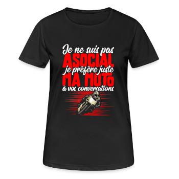 "Pas asocial moto" t-shirt humour motarde - T-shirt respirant Femme - noir - Devant - AI Model Female 172 light (172cm)