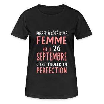 Anniversaire - Née 26 Septembre Frôler perfection - T-shirt respirant Femme - noir - Devant - AI Model Female 172 light (172cm)