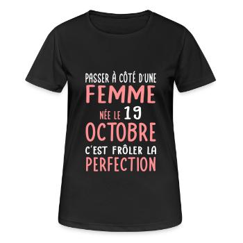 Anniversaire - Née 19 Octobre Frôler perfection - T-shirt respirant Femme - noir - Devant - AI Model Female 172 light (172cm)