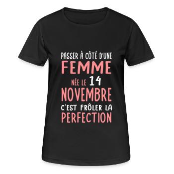 Anniversaire - Née 14 Novembre Frôler perfection - T-shirt respirant Femme - noir - Devant - AI Model Female 172 light (172cm)