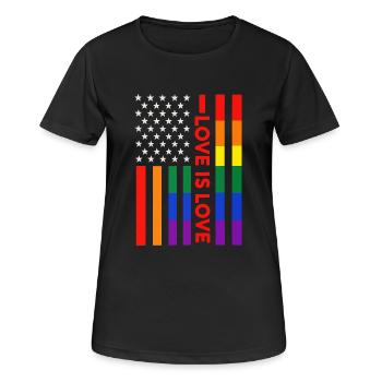 Patriotische Regenbogenflagge "Love Is Love" - Frauen T-Shirt atmungsaktiv - Schwarz - Vorne - AI Model Female 172 light (172cm)