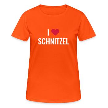I love Schnitzel - Frauen T-Shirt atmungsaktiv - Neonorange - Vorne - AI Model Female 172 dark (172cm)