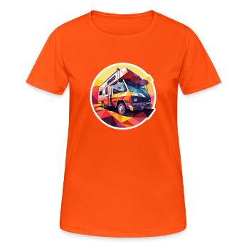 Retro Camping Design – Low Poly Tent & Camper - Women's Breathable T-Shirt - neon orange - Front - AI Model Female 172 dark (172cm)