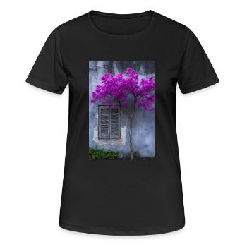 Vibrant Blossom Against Rustic Wall - Women's Breathable T-Shirt - black - Front - AI Model Female 172 light (172cm)